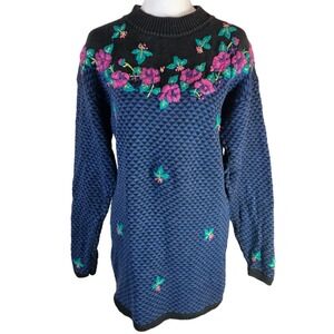 Midnight Blues Vintage Floral Tunic Sweater Women Medium Embroidered Cottagecore